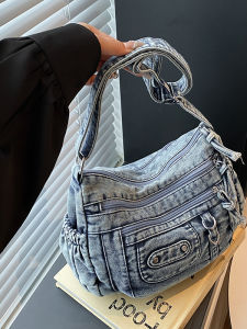 กระเป๋าสะพายข้างผ้าเดนิมทรงพอดีตัว ความจุขนาดใหญ่ กระเป๋าสะพายข้างแบบลำลองสำหรับเดินทาง กระเป๋าสะพายข้างสไตล์ย้อนยุค สไตล์เรียบง่าย