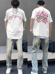 เสื้อยืดแขนสั้นผู้ชายคอตตอนแท้สไตล์อเมริกันย้อนยุค สีขาว ทรงหลวม ดีไซน์ลำลอง แฟชั่นฤดูร้อน ทรงหลวม ดีไซน์ลำลอง