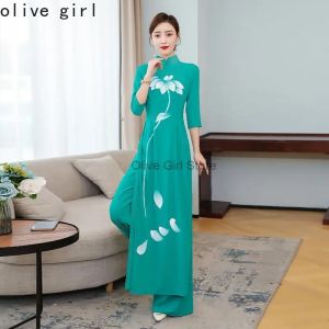 Women Aodai Vetnam Clothing Long Cheongsam Aodai Vietnamese Qipao Dress Wide Leg Pants Elegant Set