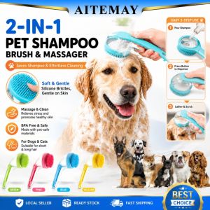 Aitemay 2-in-1 Silicone Pet Bathing Brush with Press-to-Dispense - Soft Massager Shower Brush for Dogs & Cats Grooming Cleaning Tool with Hanging Hole