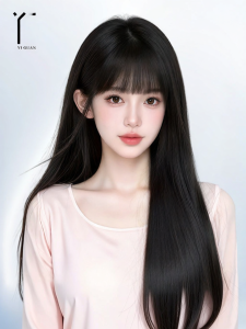 Natural Invisible Full Wig with Real Human Hair Black Straight Bangs