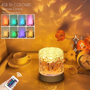 Đèn Ngủ Chiếu Hình Gợn Sóng Nước LED Sạc Lại Được 16 Màu RGB Điều Chỉnh Độ Sáng Đèn Bàn Pha Lê Kèm Điều Khiển Từ Xa Cho Phòng Ngủ Tạo Không Gian Ấm Cúng
