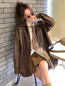 Loose Brown PU Leather Jacket Womens Fashionable Korean Style Spring Autumn New Arrival Slimming Little Black Dress Coat