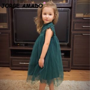 Summer Kids Girls Green Sleeveless Princess Dress Holiday Birthday Party Clothing Prom Gown Mesh Kids Childrens Dress HA503