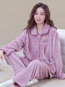 Bộ Đồ Ngủ Bằng Vải Nỉ Coral Dày Dặn Cho Nữ Mùa Thu Đông Dài Tay Dễ Thương Ấm Áp Quần Áo Mặc Nhà Cỡ Lớn