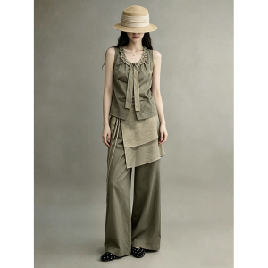 GULILI | Green Ruffled Bow Tank Top and Wide Leg Pants Suit