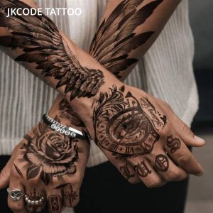 กันน้ําแขน Tattoo Man - Street Graffiti Tattoo ชุด 4 ชิ้น - ขนาดใหญ่ปีก Tattoo - ด้านหลังมือมงกุฎนาฬิกา Rose Tattoo - Cool สไตล์ Tattoo มือนิ้วมือ Casual Cool Mens Hand Neck Head Tattoo ยาวนานกันน้ํา 3-5 วัน