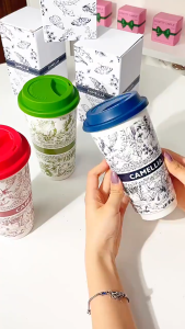 Ly Sứ CAMELLIA 580ml – Họa Tiết Hoa Đẹp Nắp Silicon Chống Bụi Ly Cà Phê Trà Quà Tặng Sang Trọng