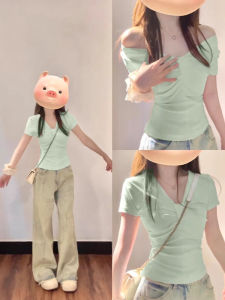 Mint Green V-Neck Short Sleeve T-Shirt Womens Summer Slim Fit Casual Sweet And Spicy Style Belted Waist Design Top