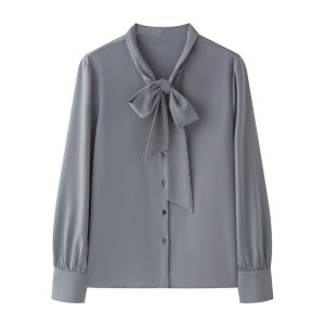 Yake Home Upgrade 3.0 Ash Silk Long Sleeve Shirt Womens Spring Autumn Professional Commute Quality Top V-neck Straight Cut