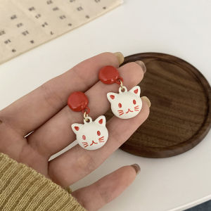 Maneki-Neko White Red Lucky Cat Stud Earrings