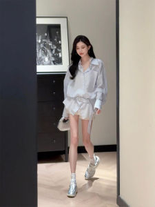 Korean Style Lace Trim Blue Striped Shirt Set Womens Long Sleeve Neck Hanging Belted Short Skirt Two Piece Set Autumn Fashion