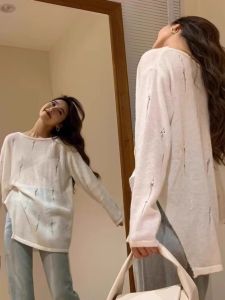 เสื้อคลุมถักหลวมๆ แขนยาวทรงหลวมๆ สำหรับผู้หญิงไซส์ใหญ่ ฤดูใบไม้ผลิและฤดูร้อน เสื้อคลุมแฟชั่นใหม่ ผ้าฝ้ายผสมโพลีเอสเตอร์ ทรงหลวมๆ