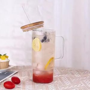 Ly Thủy Tinh Gân Nổi 900ML Phong Cách Cổ Điển Kèm Nắp Tre Và Ống Hút Tay Cầm Nhiều Màu Sắc Dùng Cho Cà Phê Đá Nước Ép Trà Sữa Bia