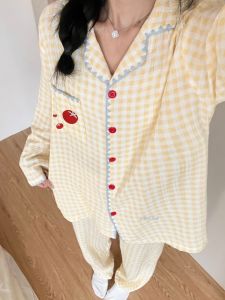 Sweet Plaid Long Sleeve Sleepwear Womens Loose Home Clothes Set Autumn Spring New Style Korean Version Color Block Casual Home Suit