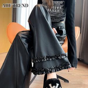 High Waist PU Leather Pants Womens Loose Straight Leg Trousers Spring Autumn 2025 New Small Size Lazy Style Wide Leg Pants