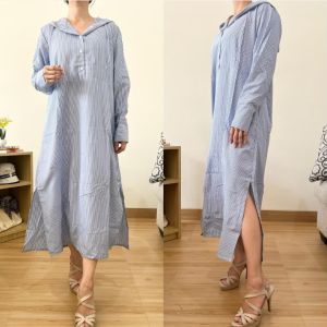 ●ECLAIRE● 0IS Dress Midi Hoodie Bertudung Kupluk Salur Stripe Garis Lengan Panjang Longsleeves Kasual Casual Korea ioza