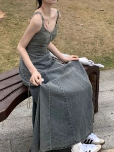 American Style Retro Denim Dress for Women Summer New Arrival High Waist Slimming Long Dress U-Collar Cotton Material