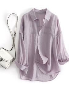 chaqi | Áo sơ mi lụa dài tay nữ mùa hè thoáng khí rộng rãi chống nắng Áo khoác cardigan mỏng Áo khoác ngoài Áo sơ mi cổ polo tay áo thường