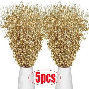 5Pcs Artificial Glitter Berry Stem Glittery Branches Artificial Plant Bouquet for Xmas Tree Ornament Home Holiday Christmas Party Decoration