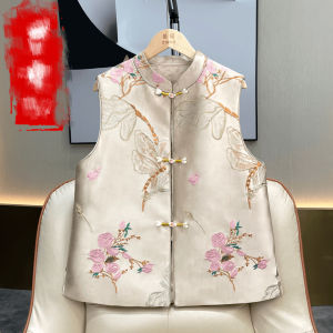 Elegant Womens Embroidered Silk Floral Jacket Vest Chinese Style Artistic Retro Design Spring Autumn Season Fashion Outerwear