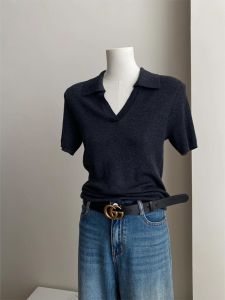 Deep Grey Knitted Ice Silk Short Sleeve Polo Shirt V-Neck T-Shirt Women Summer Slim Fit Short Length Fashionable Top