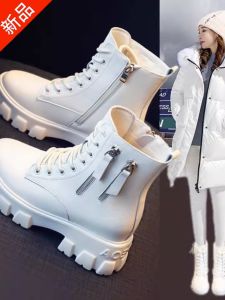 Womens Martin Boots Winter Warm Fleece Lined Leather Booties Inner Heightening British Style Short Boots Versatile Cotton Shoes