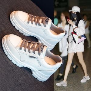Casual Sport Shoes Womens Genuine Leather Heightening Sneakers Thick Bottom Dad Shoes Spring Autumn New Style round Toe Rubber Sole
