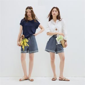 Designer Giordano Embroidered Drawstring Elastic Waist Flower Bud Shorts Womens Casual Pants High Waist Wide Leg Loose Fit