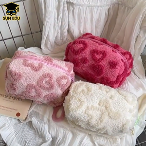 Tas Makeup & Organizer Berbulu Bludru Love Lucu | Tas penyimpanan cosmetic pouch jacquard portabel