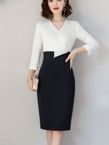Business Career Womens Black White Splice Color Wrap around V-Neck Dress Beauty Front Desk Consultant High End Personality Spring