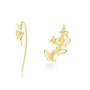 Japanese Style Luxury Butterfly 3D Flower Shiny Zircon Asymmetric Hook Clip-On Earrings Womens Fashion Jewelry Accessories