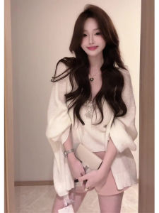 Small Fragrance Style Knitted Sweater Set Womens Early Autumn Elegant Lady Diamond Embellished Camisole Two-Piece Set