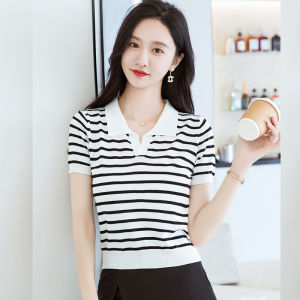 Black and White Stripes Short Sleeve T-Shirt Womens Short Summer Ice Silk Sweater Beautiful Temperament Western Style Anti-Aging Top Easiest for Match