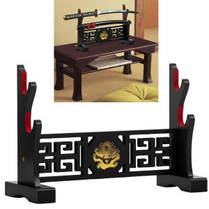Sword Display Stand 2 Layer Wood Sword Display Holder with Golden Dragon Pattern Velveteen Protection for Home Display Rack