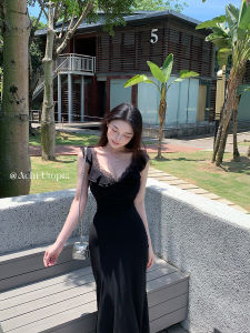 Achi Black Georgette Chiffon V-Neck Dress Womens Lace Trim Long Sleeveless Hemmed Skirt Casual Summer Slim Fit Polyester Fiber