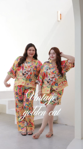 ชุดนอน Muslin Pajamas Silk Satin รุ่น Vintage golden cat (W2178 V2178) | ชุดนอนชุดเที่ยว