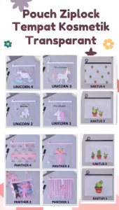 QSWJ07 Tas Kosmetik Transparan Pouch Make Up Motif Unicorn Pink Panther Isi 5 Pcs