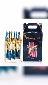 24 Buah Set Peralatan Makan Emas 304 Sendok Garpu Pisau dengan Tempat Penyimpanan