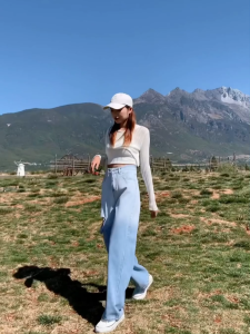 Blue gradient jeans high waist loose straight long pants with holes for fashion design and versatile jeans