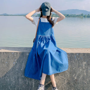 ชุดเดรสยีนส์แขนกุดสีน้ำเงินสำหรับผู้หญิงในฤดูร้อนปี 2025 ทรงหลวมสบายๆ สำหรับผู้หญิงไซส์ใหญ่ ชุดเดรสยาวทรงเอคอปีน