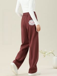 YANYUMENGMENG | Ankela Red Woolen Scythe Pants Women Spring Autumn 2024 New National Style High Waist Long Pants Polyester Fiber Thickened