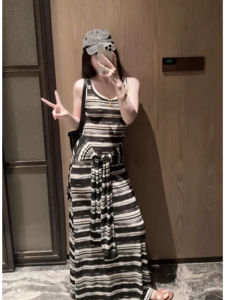 YUEZHONGWEI | Summer 2025 Womens Striped Belted Wrap Dress Color Block Unique Beautiful Long A-Line Gown Korean Style No-Sleeve VU Neck