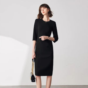 French Simple Black round Neck Seven Sleeve Dress Womens Spring Autumn New High Waist Slim Long Dress Commute Style Button Detail