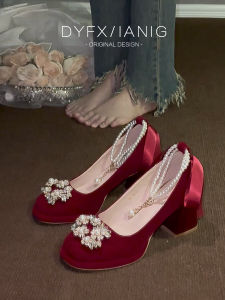 รองเท้าแต่งงานส้นหนาสไตล์ฝรั่งเศส ทรงหัวมน สำหรับผู้หญิง รองเท้าแต่งงานส้นสูงแบบสวมสบาย วัสดุด้านในเป็นหนัง PU