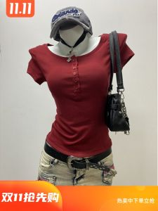 Original Red Short Shoulder T-Shirt Womens Summer Single Button Design Unique Top Polyester Fiber Short Sleeve Square Collar