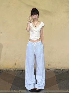 Quần Dài Thường Ngày Màu Xanh Lam Rộng Rãi Cạp Cao Dài Cho Nữ Quần Dài Rộng Rãi Màu Trắng Xanh Lam Dài Đến Sàn Cạp Cao