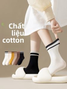 JINGCHI | Tất cotton thoáng khí mùa xuân thu cho nữ màu đen trắng chống mùi thấm mồ hôi tất dài đến bắp chân mỏng tayệt đối thoải mái