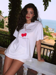 Classic White round Neck Cherry Short Sleeve T-Shirt Women Summer Loose Fit Slimming Short Top ITSNIKAR Commute Style Printed Loose Cotton Tee