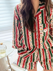 Christmas Retro Striped Cotton Pajamas Set Couple Matching Long Sleeve Shirt Nightgown Home Clothes for Men And Women